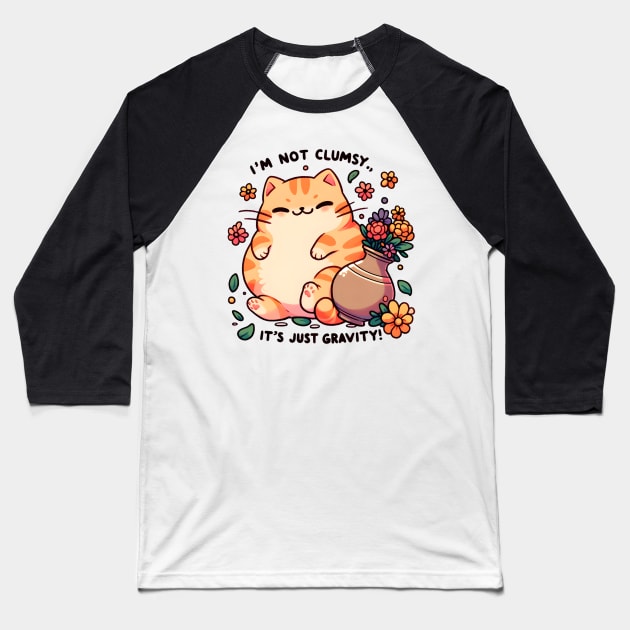Clumsy Cat and Flower Vase Baseball T-Shirt by Umbrella Studio